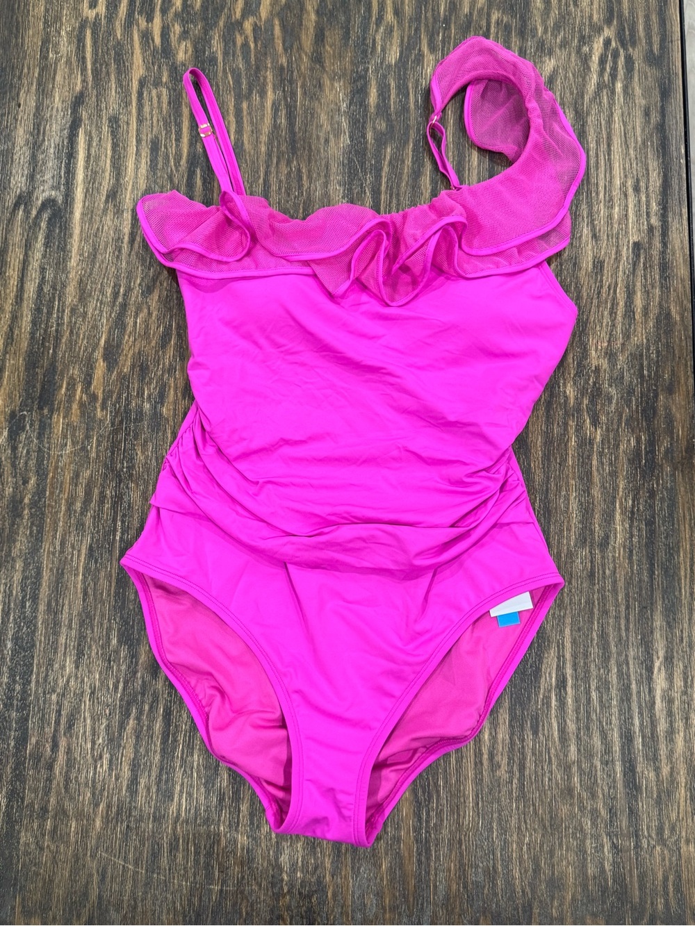 Bleu Rod Beattie One Shoulder Ruffle Swimsuit Pink Dahlia Mesh One Piece NWT 12